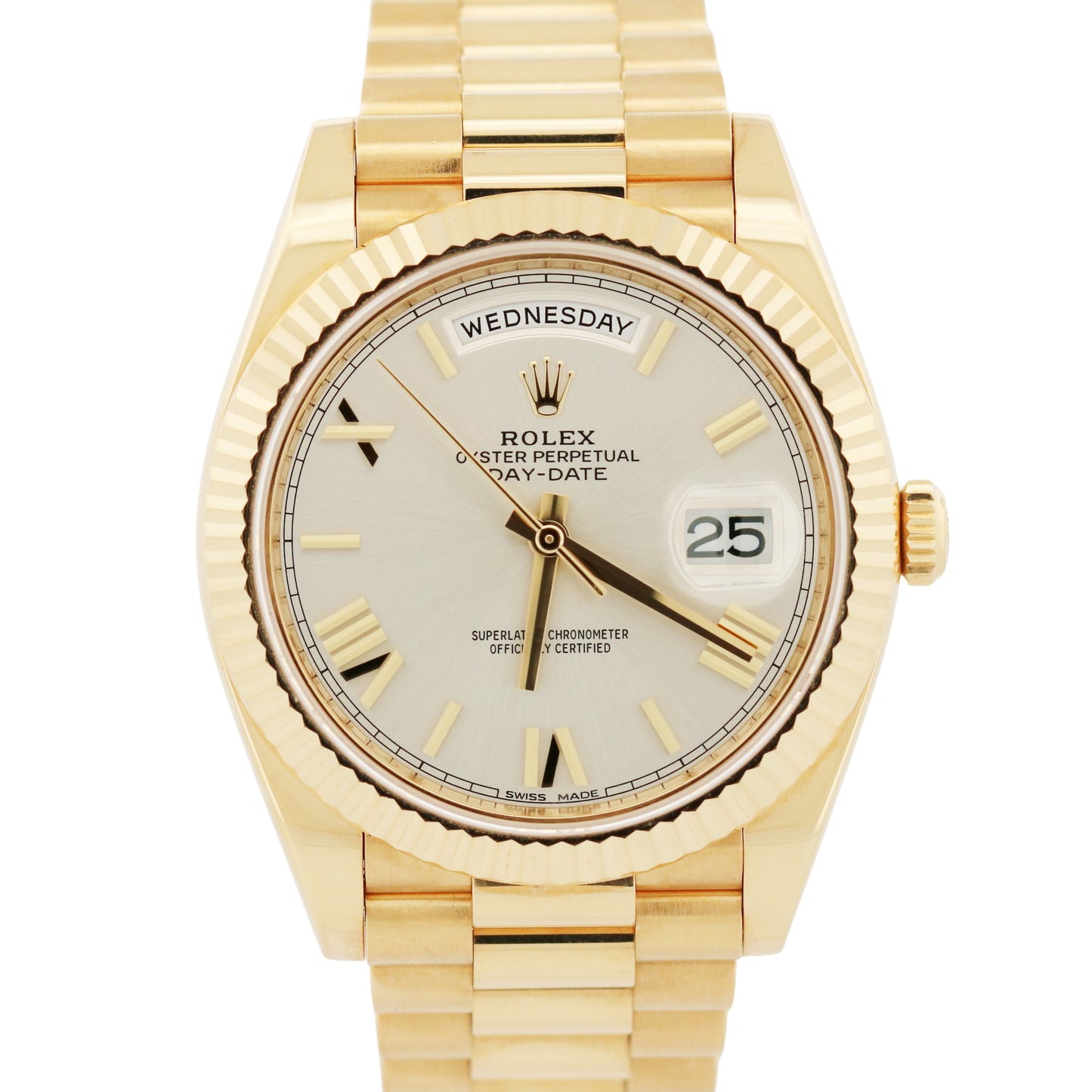 PAPERS Rolex Day-Date President 40mm SILVER ROMAN 18K Yellow Gold 228238 BOX
