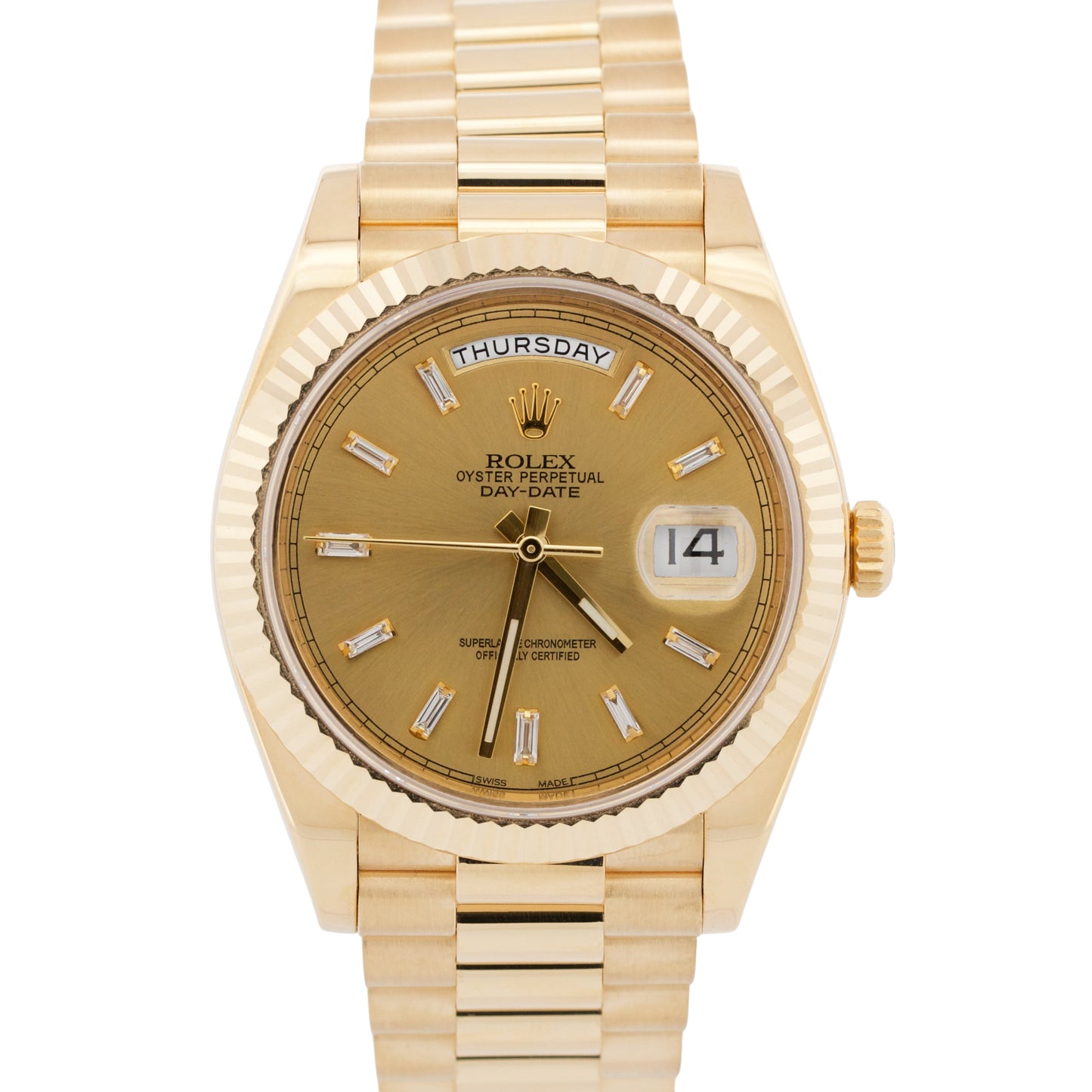 Rolex Day-Date President 40mm CHAMPAGNE BAGUETTE DIAMOND 18K Gold 228238 BOX