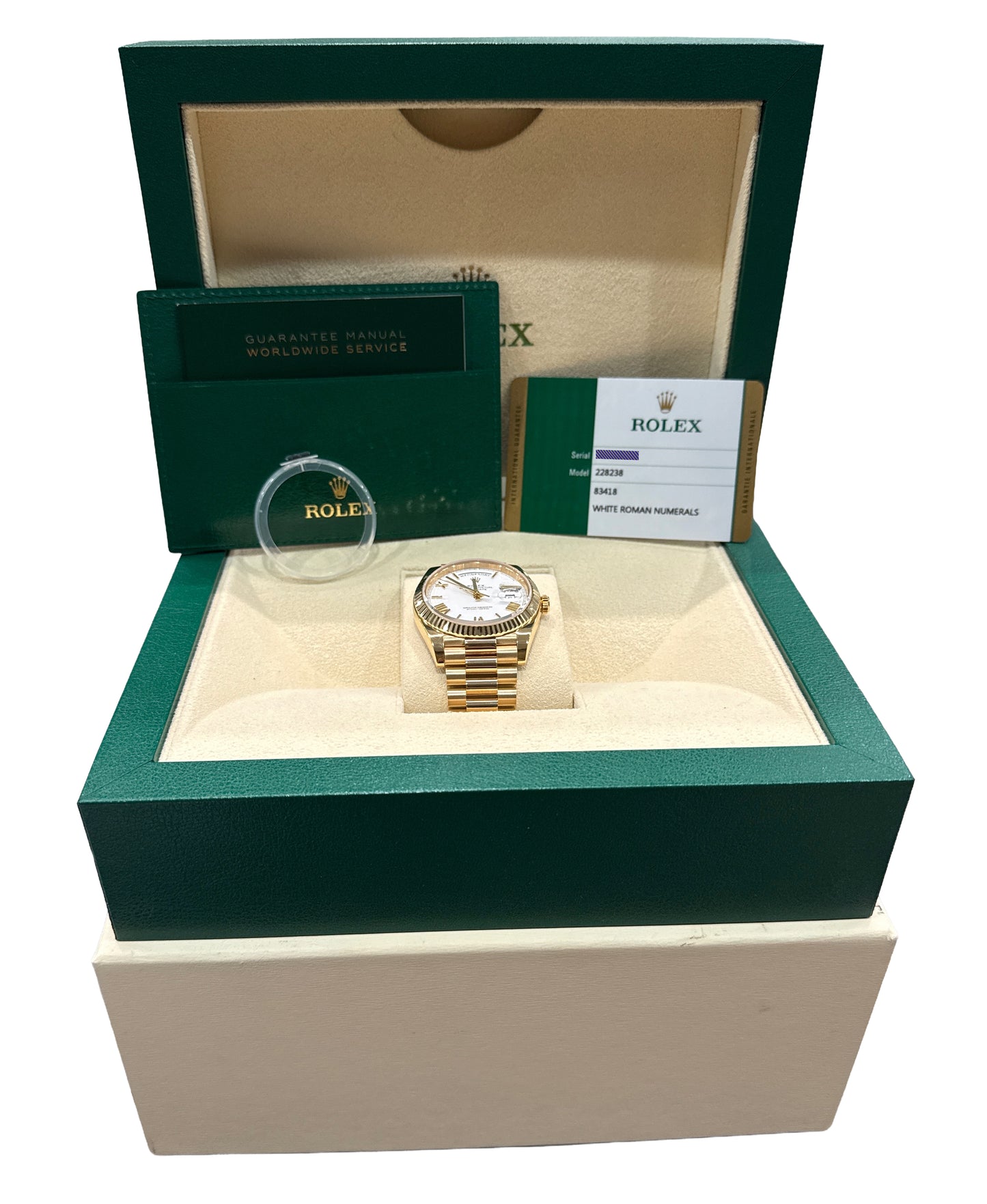PAPERS Rolex Day-Date President 40mm WHITE ROMAN 18K Gold Fluted 228238 BOX