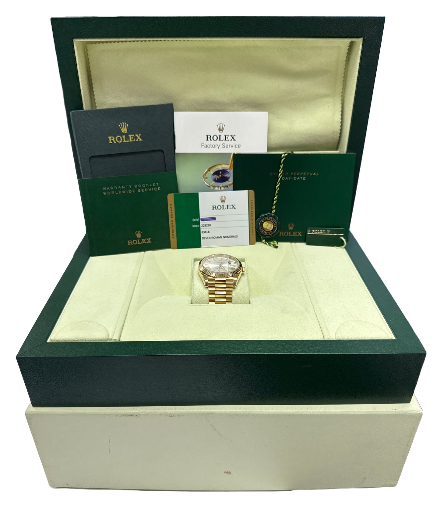 PAPERS Rolex Day-Date President 40mm SILVER ROMAN 18K Yellow Gold 228238 BOX