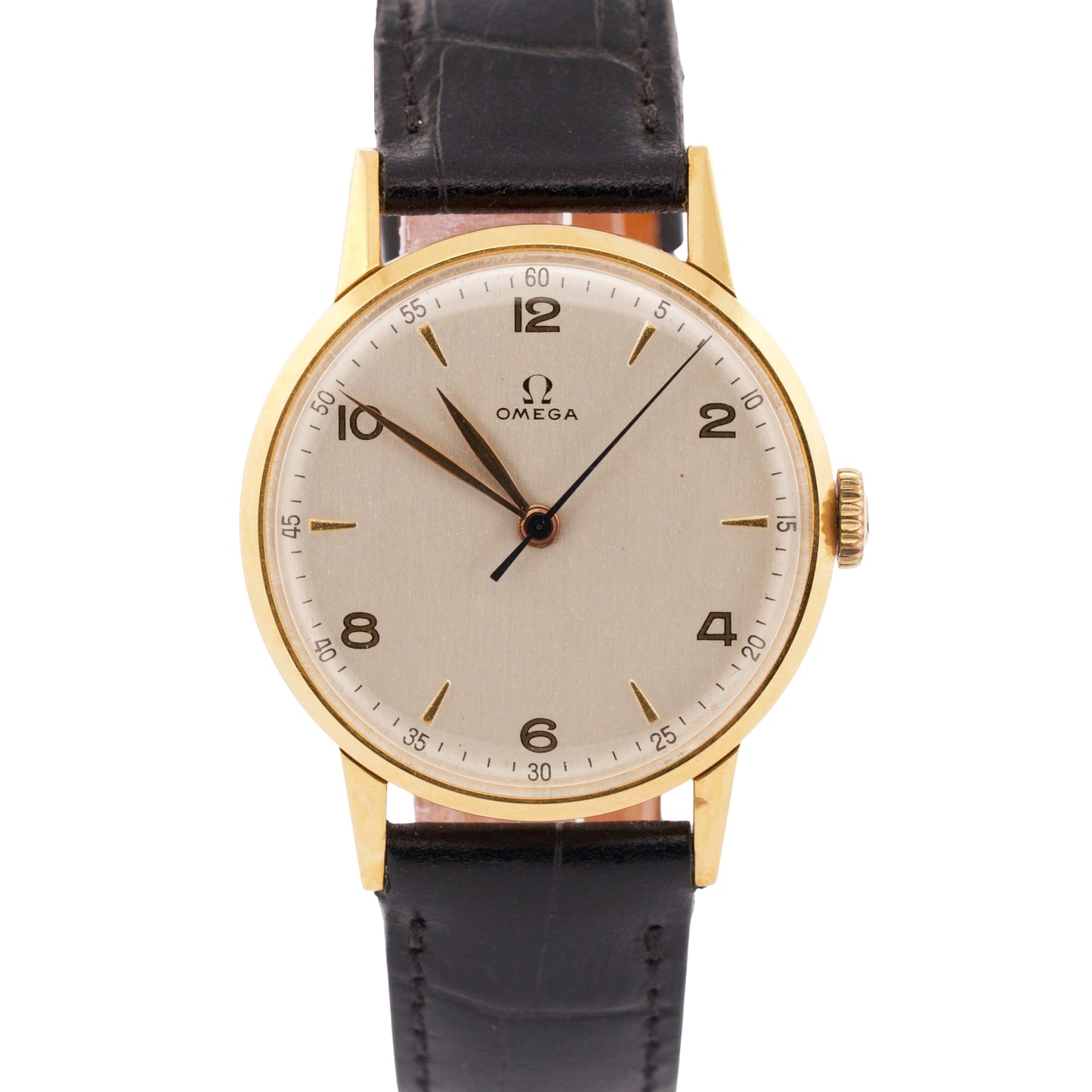 VINTAGE Omega 18K Rose Gold SILVERED IVORY Leather Manual 35mm 2320 Watch