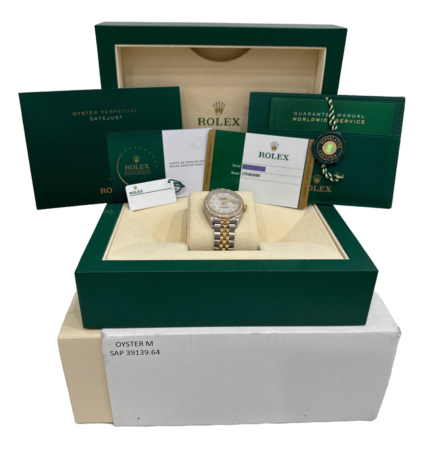 2024 RSC PAPERS Rolex DateJust FACTORY MOP DIAMOND 28mm 18K Gold 279378 RBR BOX