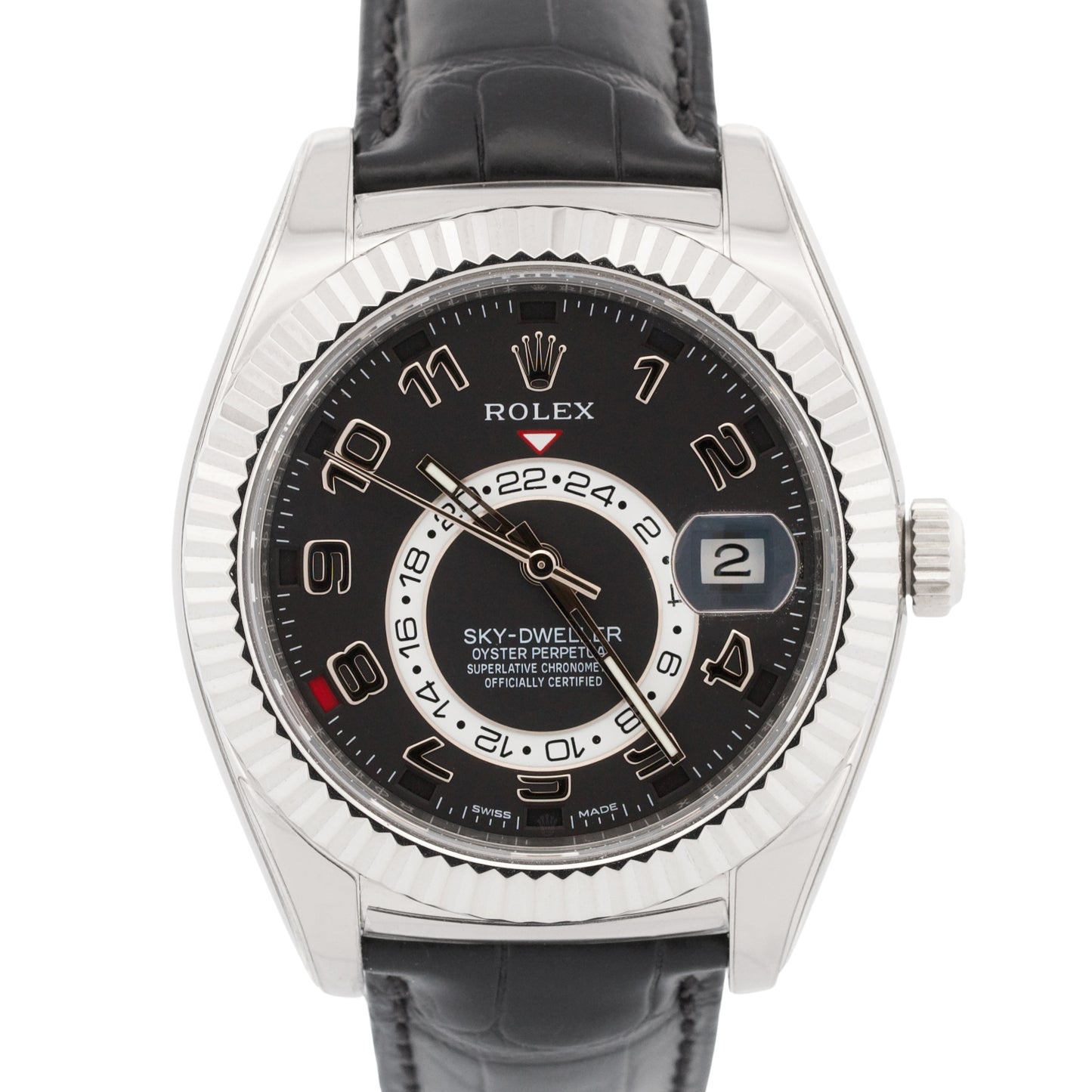 PAPERS Rolex Sky-Dweller BLACK ARABIC 18K White Gold Leather 42mm 326139 BOX