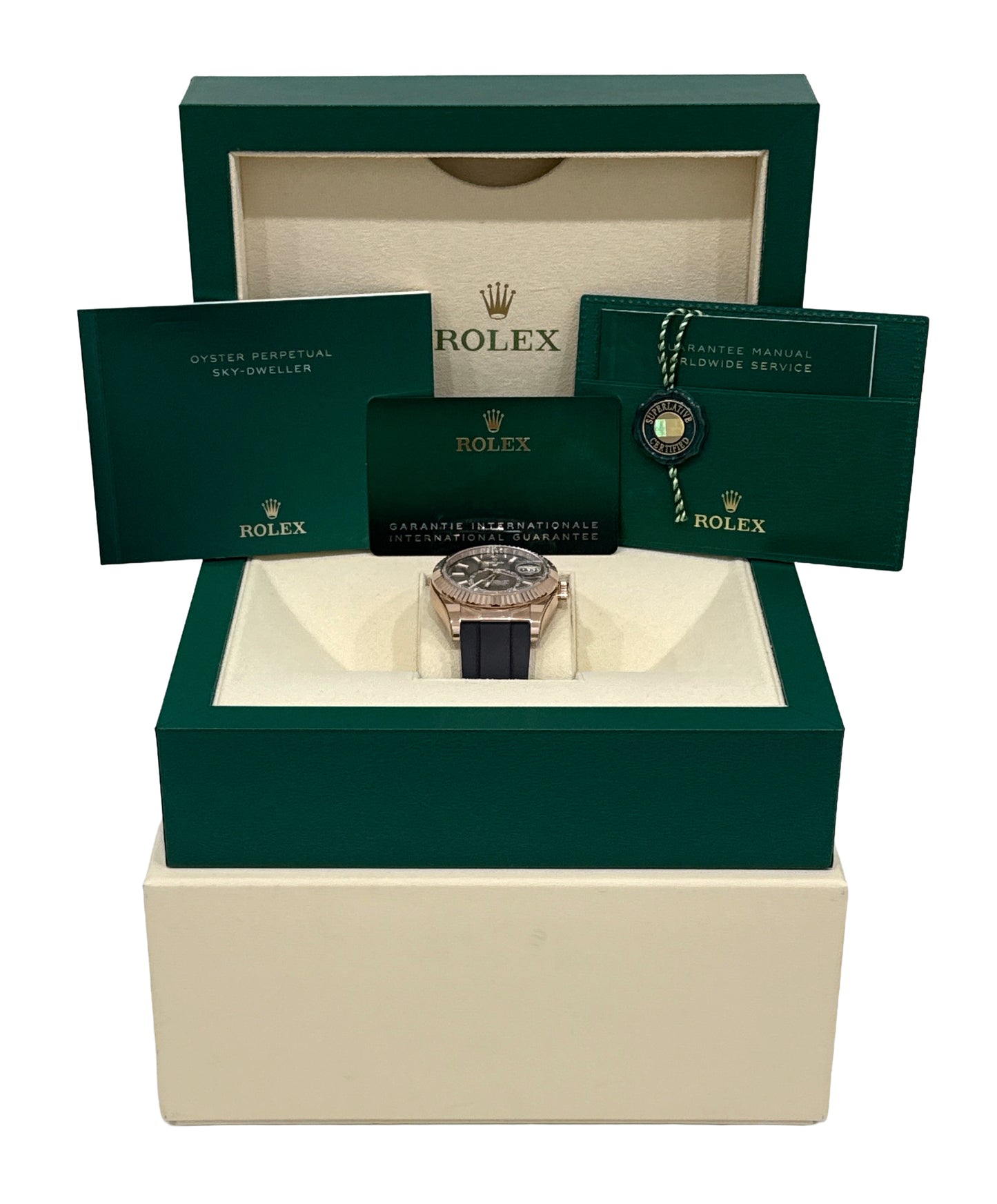 2023 PAPERS Rolex Sky-Dweller RHODIUM 18K Rose Gold Oysterflex 326235 42mm BOX