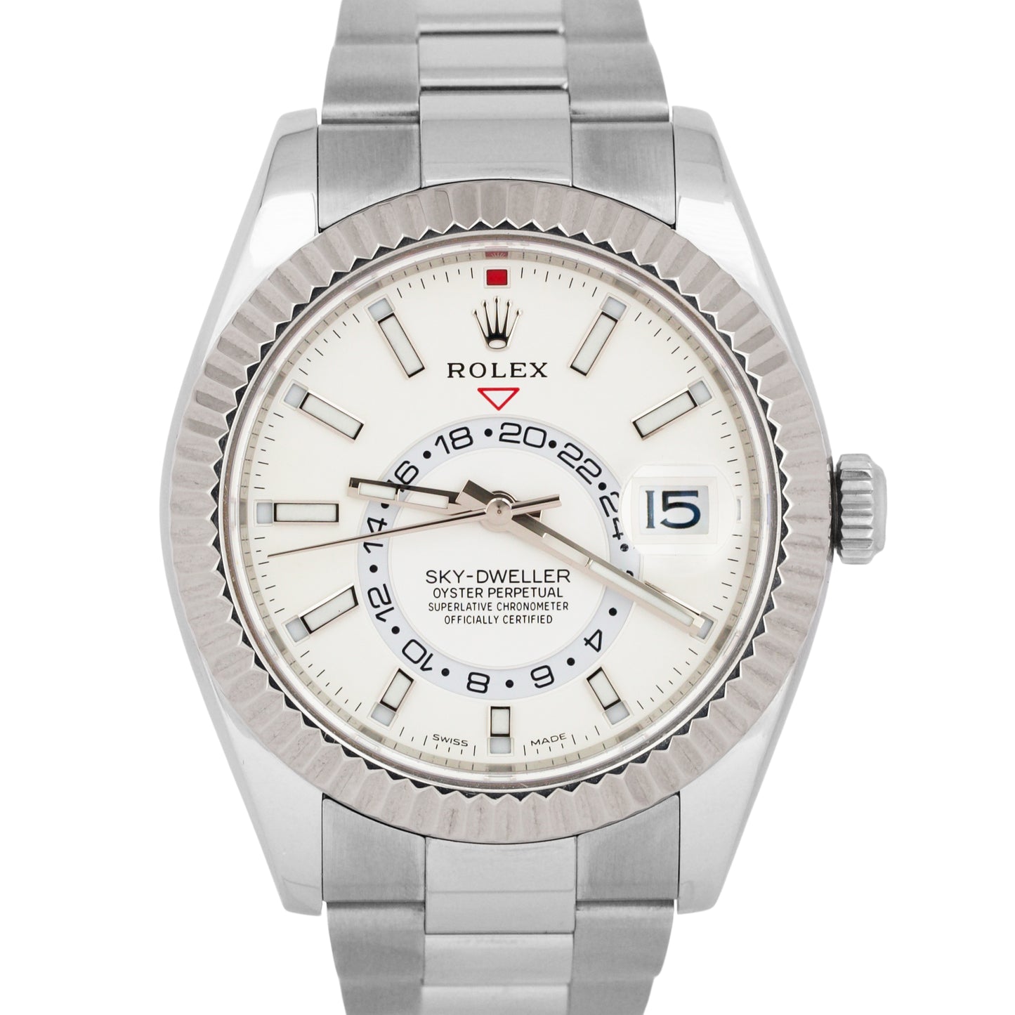 Rolex Sky-Dweller WHITE Stainless Steel Oyster Fluted 18k Gold 42mm 326934 Watch
