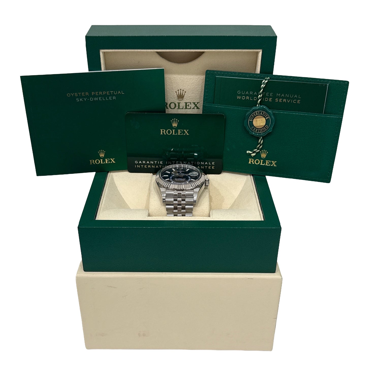 2022 PAPERS Rolex Sky-Dweller BLUE Steel 18K White Gold 42mm JUBILEE 326934 BOX