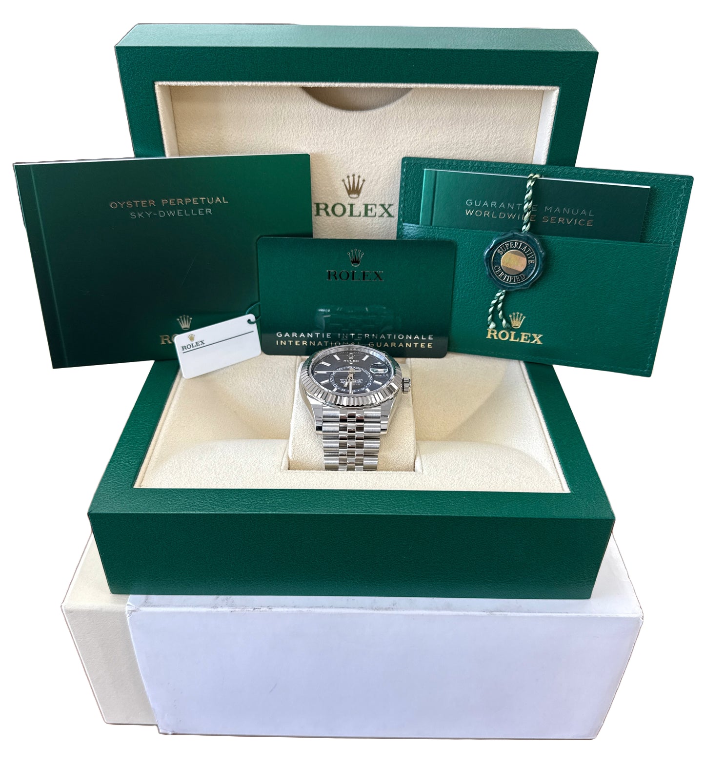 NEW PAPERS Rolex Sky-Dweller BLUE Steel JUBILEE Fluted 18K Gold 42mm 326934 BOX