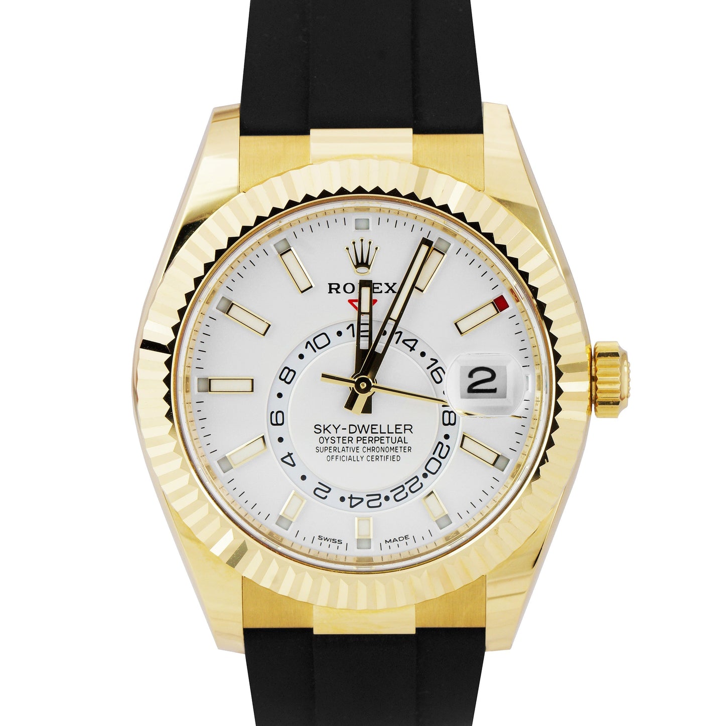 2021 Rolex Sky-Dweller 18K Gold Yellow Oysterflex INTENSE WHITE 42mm 326238 B+P