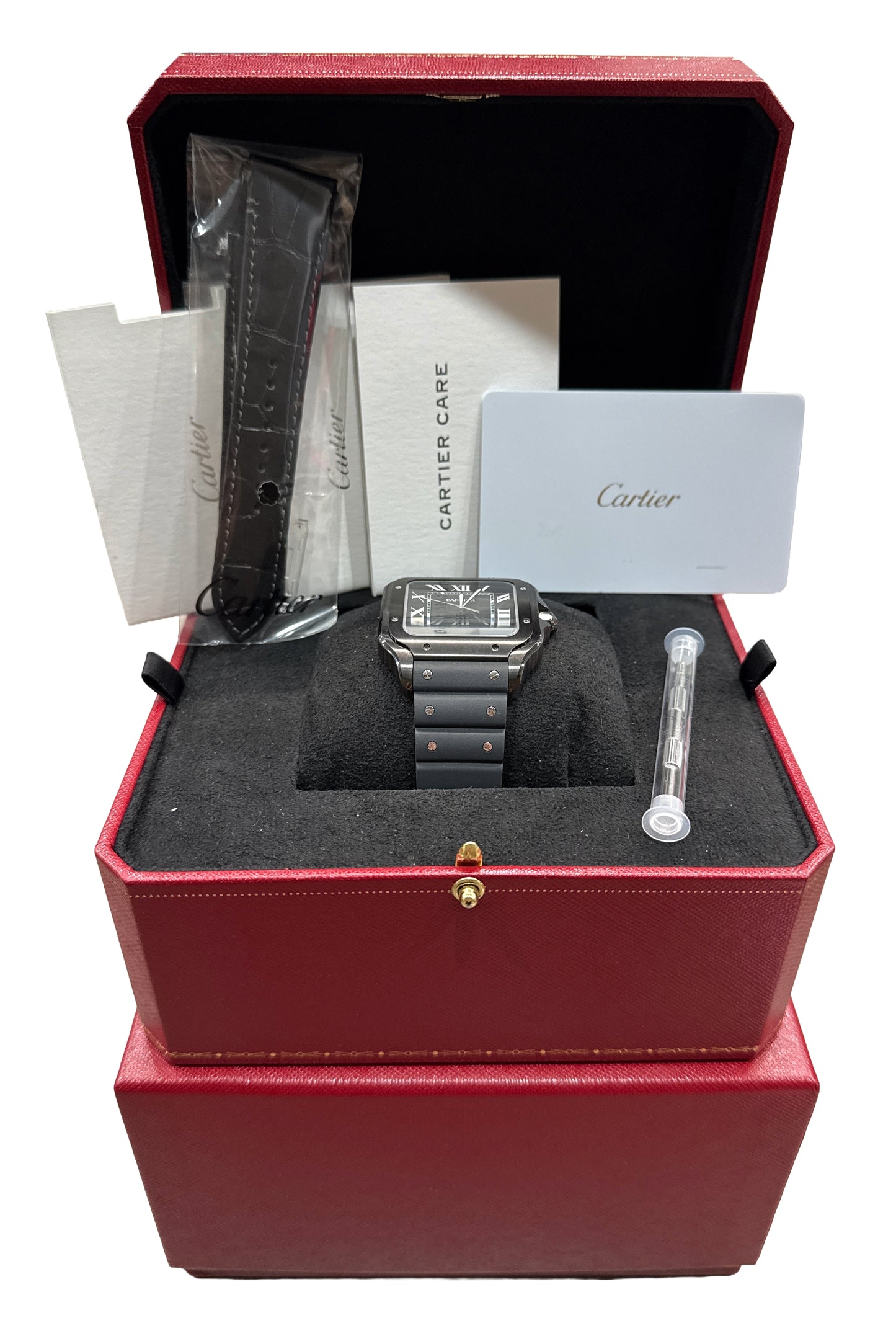 NEW 2025 PAPERS Cartier Santos 39.8mm ADLC Black Steel 4072 Watch WSSA0039 BOX