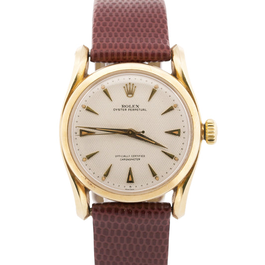 VINTAGE Rolex Oyster Perpetual IVORY HONEYCOMB 14K Yellow Gold BOMBAY 33mm 6090