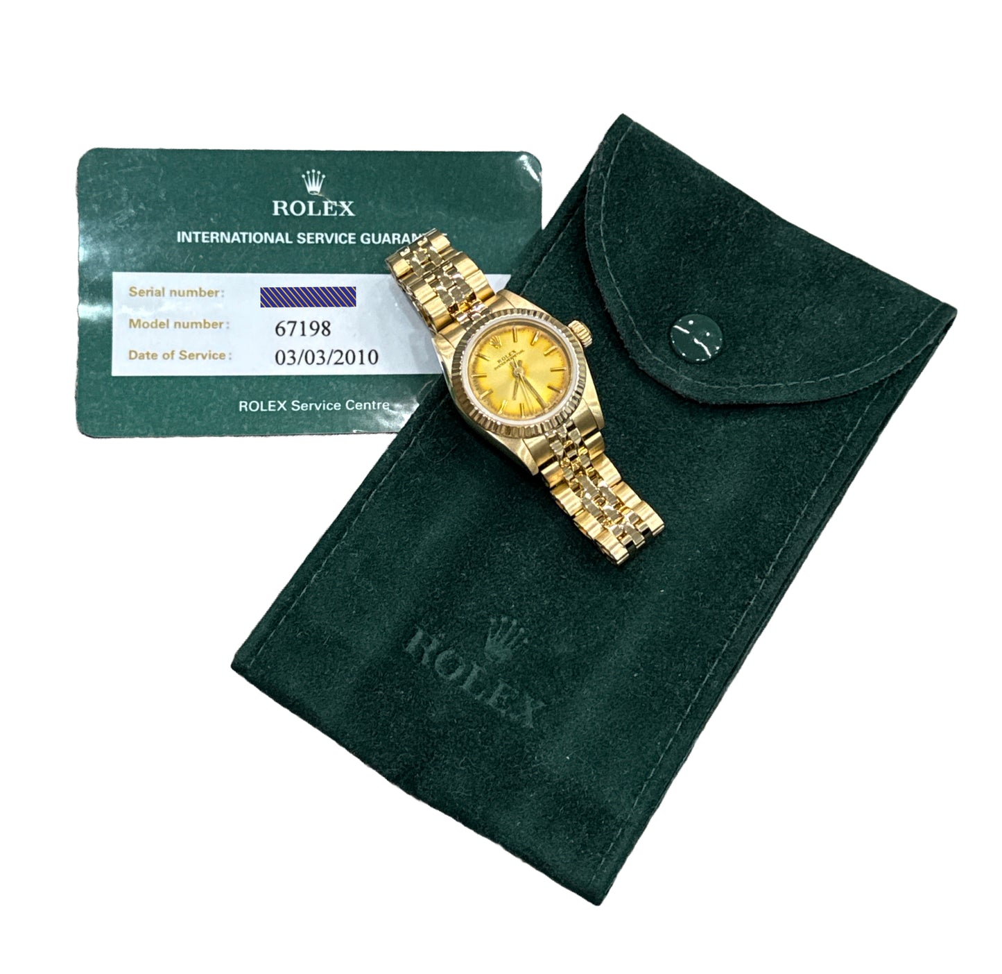 RSC Ladies Rolex Oyster Perpetual 26mm CHAMPAGNE 18K Yellow Gold JUBILEE 67198