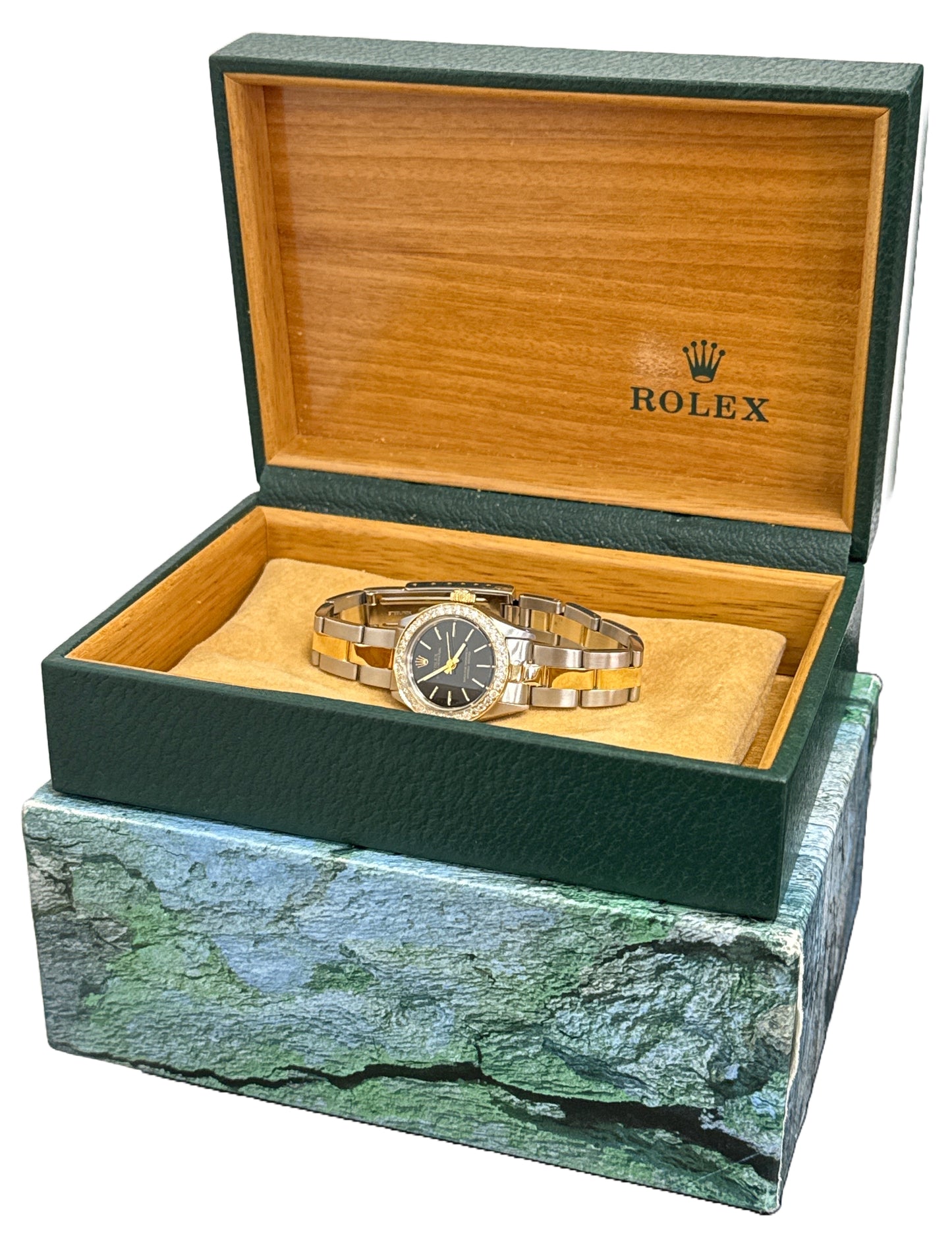 Rolex Oyster Perpetual 26mm 18K Yellow Gold BLACK DIAMOND Steel OYSTER 6719 BOX