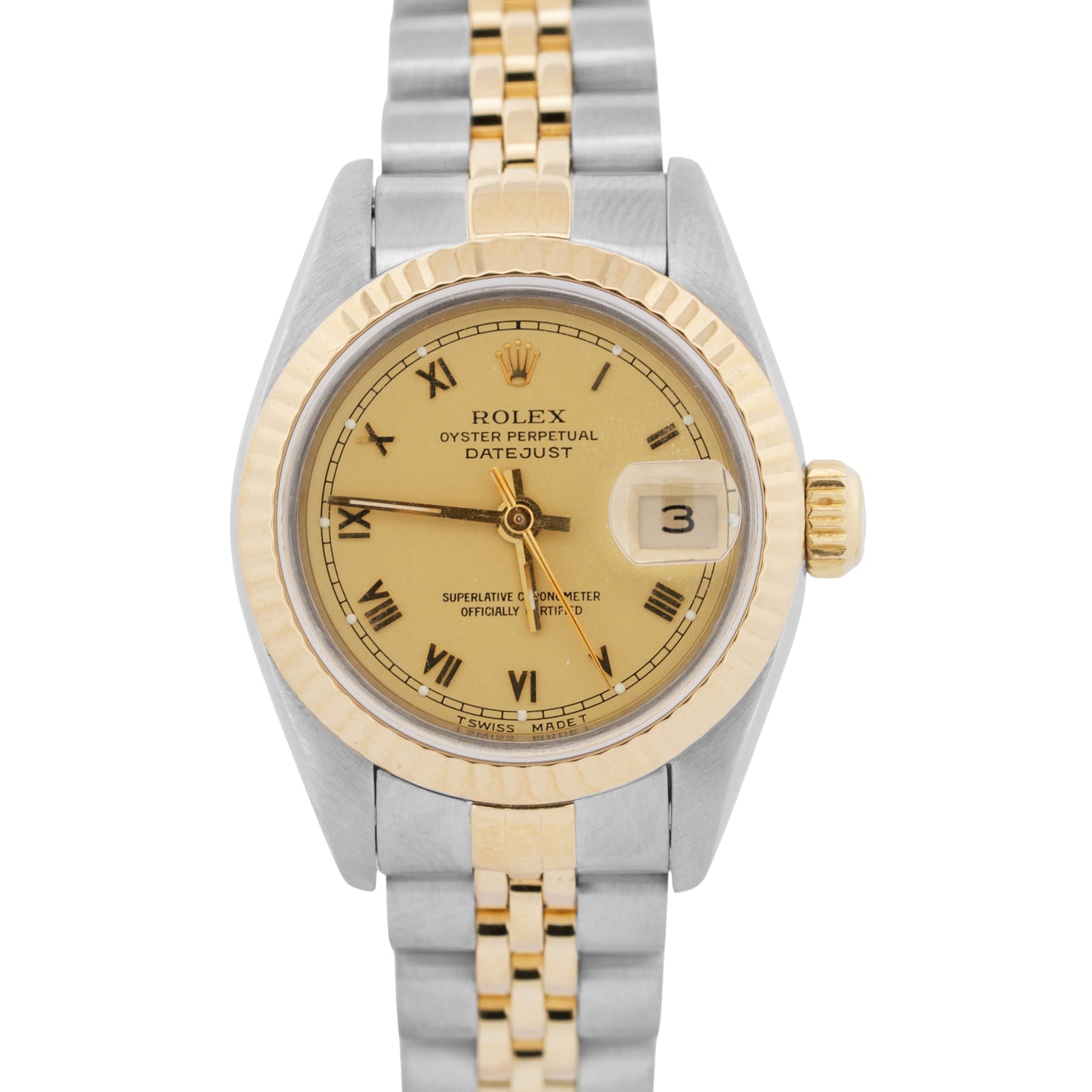 Ladies Rolex DateJust 26mm FLAT CHAMPAGNE ROMAN 18K Gold Stainless JUBILEE 69173