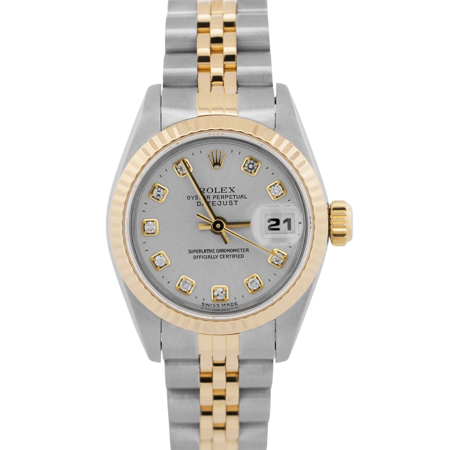 Ladies Rolex DateJust 26mm FACTORY SILVER DIAMOND 18K Gold Steel JUBILEE 69173