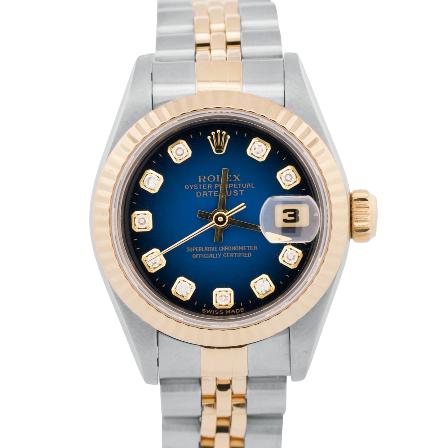 Ladies Rolex DateJust 26mm BLUE VIGNETTE DIAMOND 18K Gold Steel JUBILEE 69173