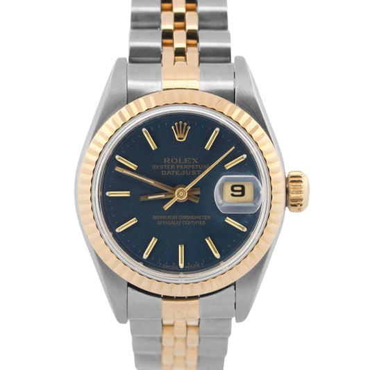 Ladies Rolex DateJust 26mm BLUE 18K Yellow Gold Steel Fluted JUBILEE 69173 BOX