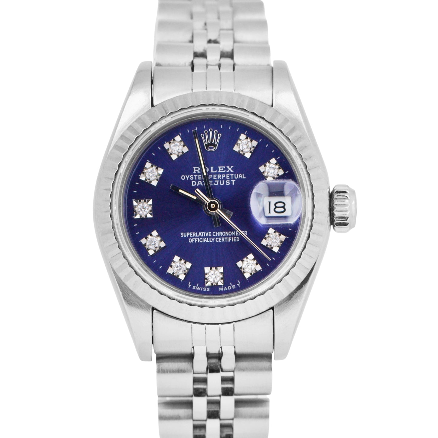 Rolex DateJust 26mm BLUE DIAMOND DIAL 18K White Gold Steel Fluted Jubilee 69174