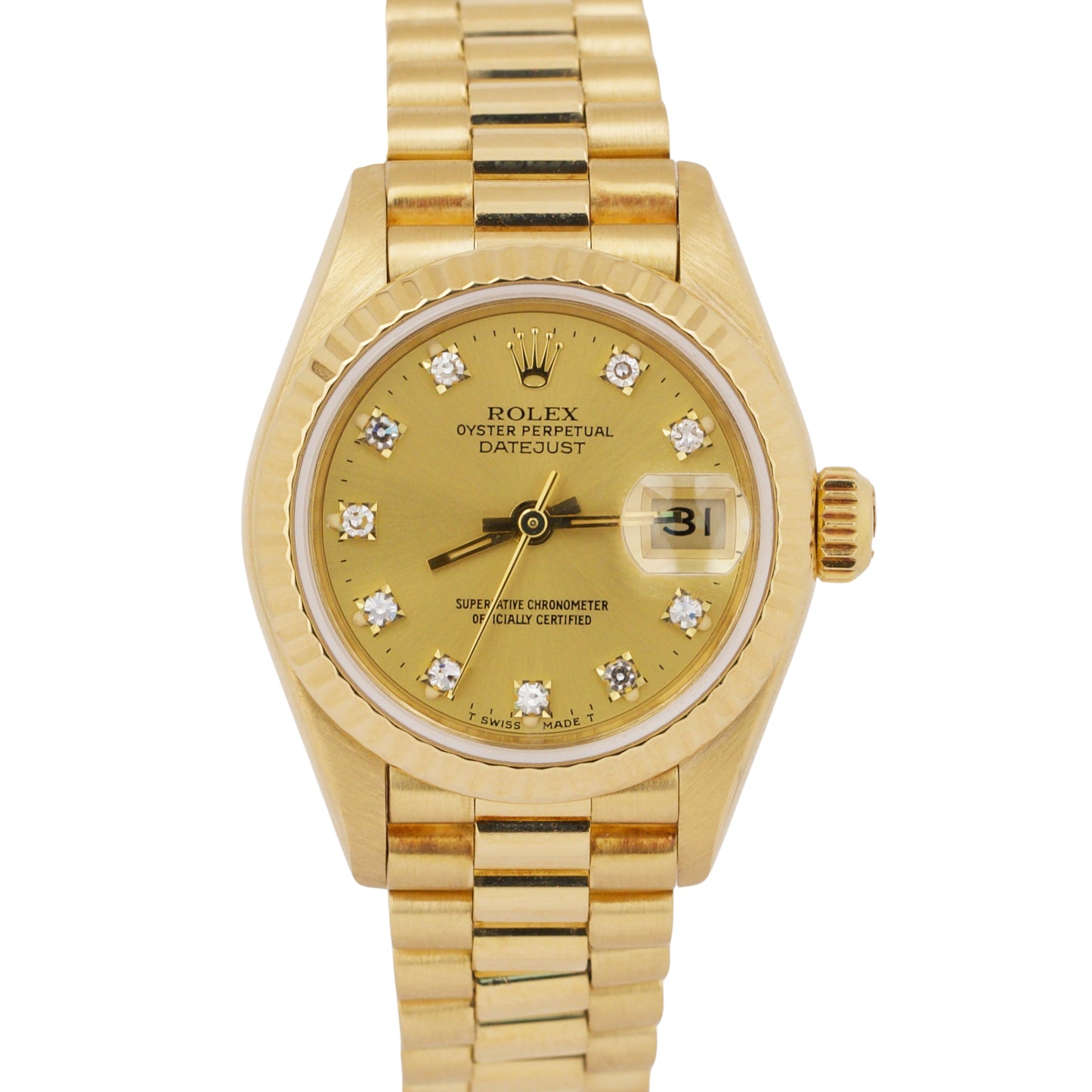 Ladies Rolex DateJust President 26mm FACTORY CHAMPAGNE DIAMOND 18K 69178 BOX