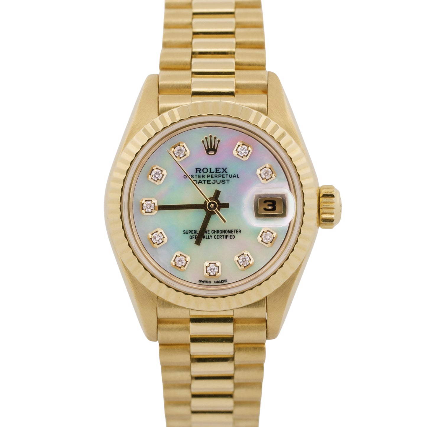PAPERS Ladies Rolex DateJust President 26mm MOP DIAMOND 18K Gold 69178 BOX