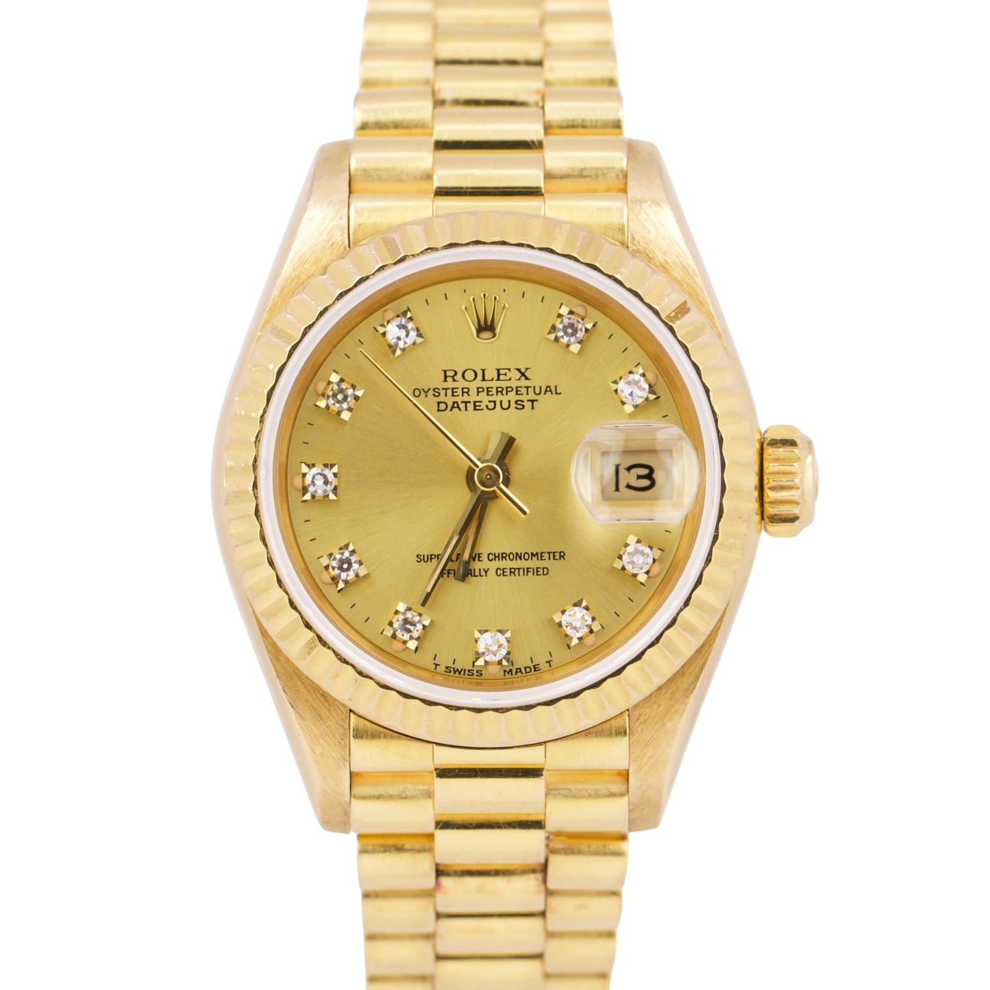 Ladies Rolex DateJust President 26mm FACTORY CHAMPAGNE DIAMOND 18K Gold 69178