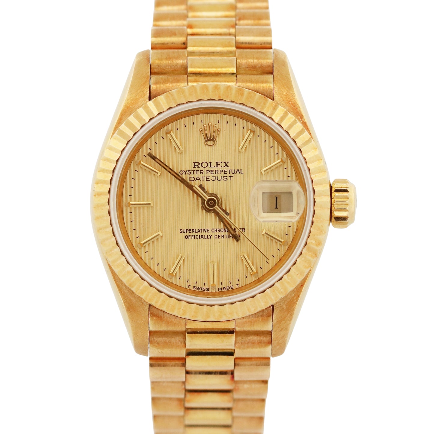 UNPOLISHED Ladies Rolex DateJust President 26mm CHAMPAGNE TAPESTRY 18K 69178