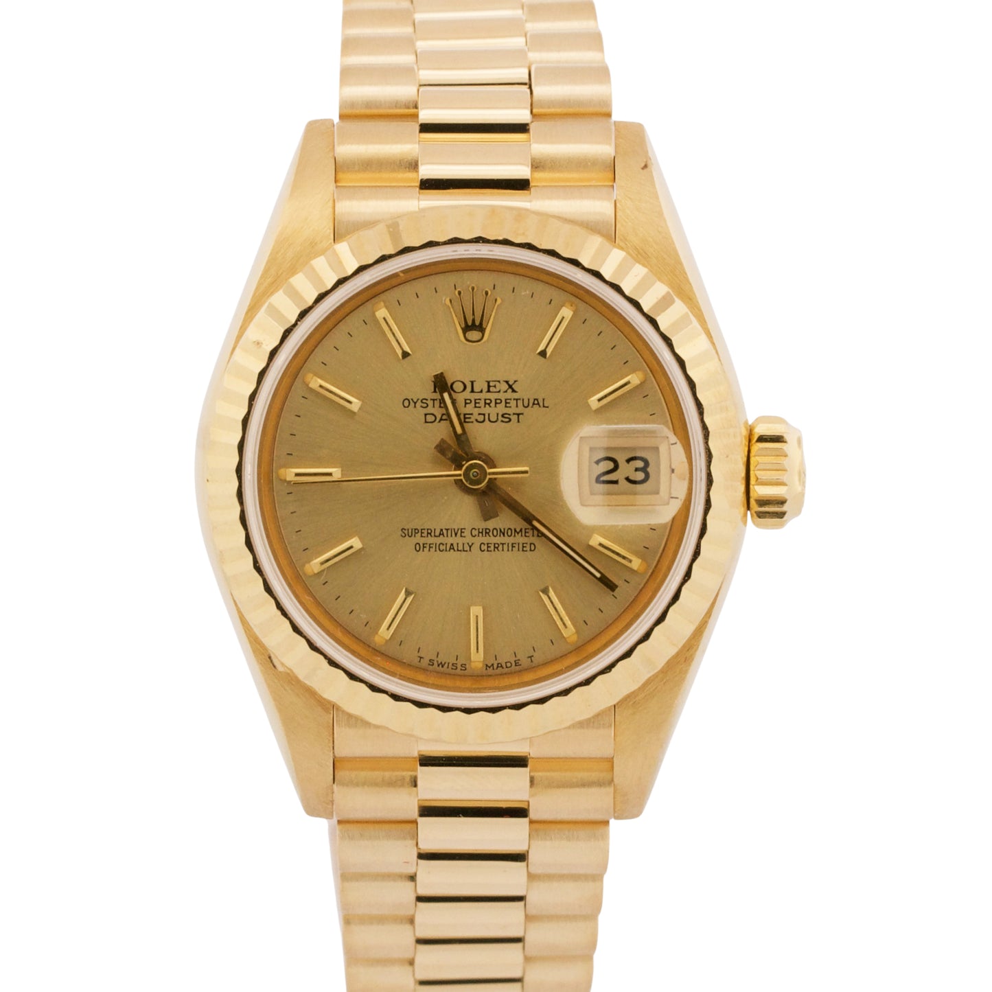 PAPERS Ladies Rolex DateJust President 26mm CHAMPAGNE 18K Yellow Gold 69178 BOX