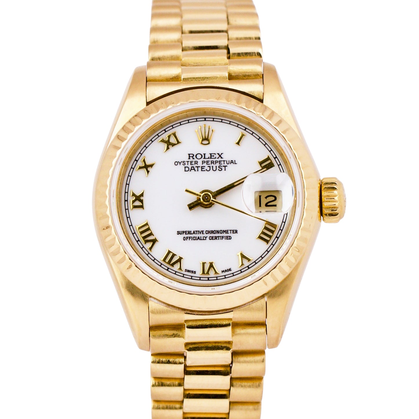 Ladies Rolex DateJust President 26mm WHITE ROMAN 18K Gold NO HOLES 69178 BOX