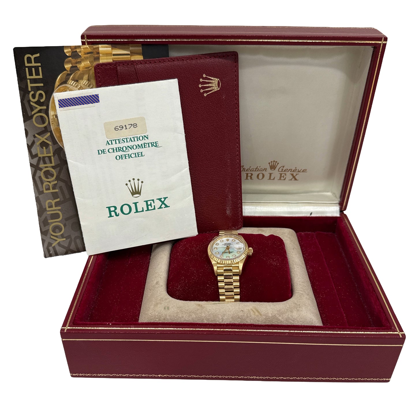 PAPERS Ladies Rolex DateJust President 26mm MOP DIAMOND 18K Gold 69178 BOX