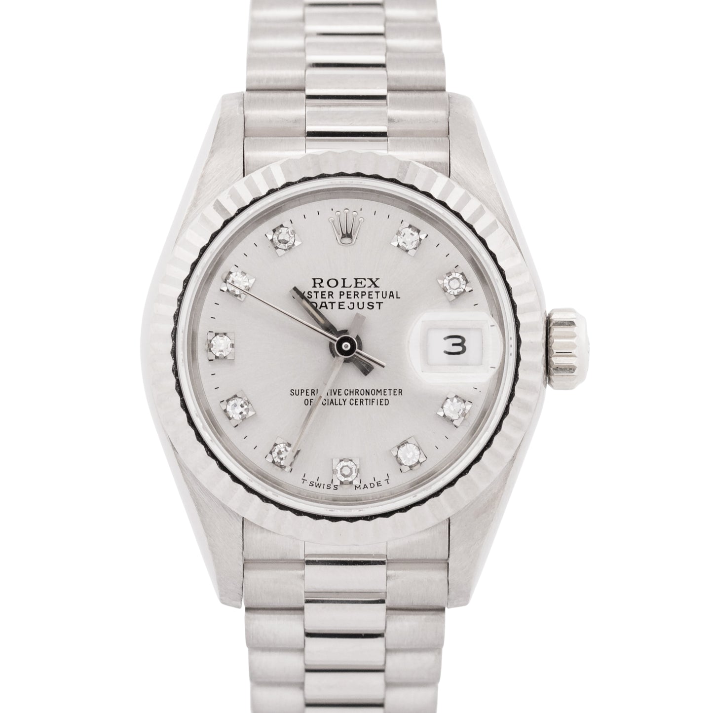 PAPERS Rolex DateJust President 26mm FACTORY SILVER DIAMOND 18K Gold 69179 BOX