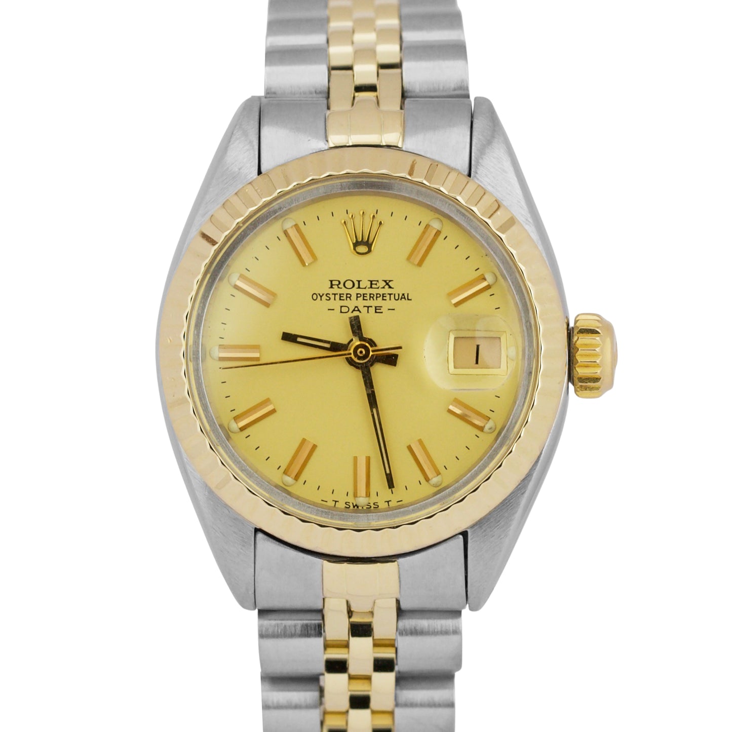 1979 Rolex Date 26mm CHAMPAGNE 18K Yellow Gold Steel Fluted JUBILEE 6917 Watch