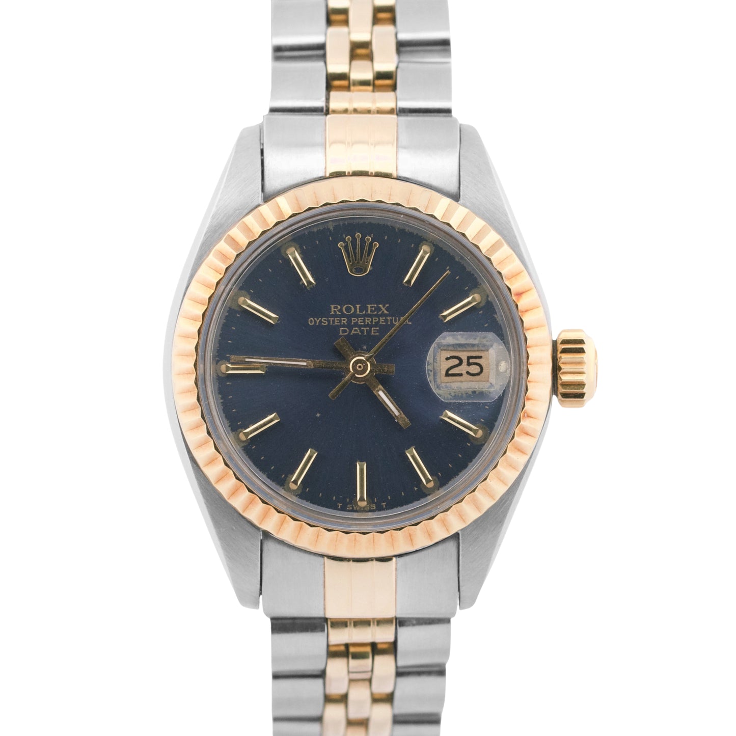Rolex Date 26mm BLUE 18K Yellow Gold Stainless Steel Fluted JUBILEE 6917 Watch