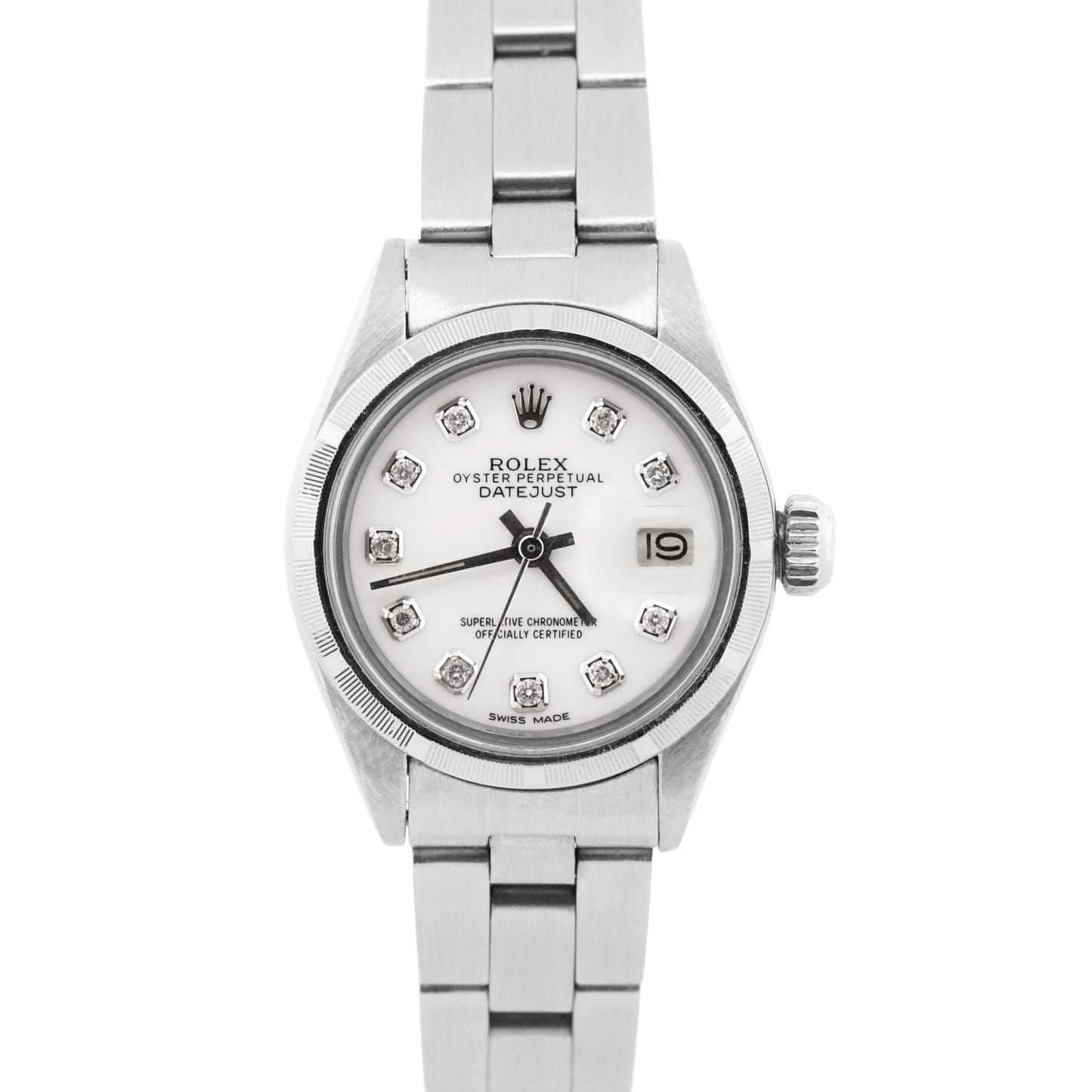 VINTAGE Ladies Rolex Oyster Perpetual Date WHITE DIAMOND 26mm Engine-Turned 6919