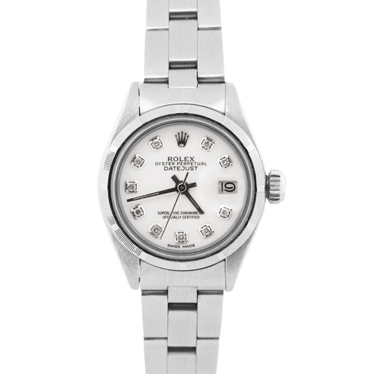 VINTAGE Ladies Rolex Oyster Perpetual Date WHITE DIAMOND 26mm Engine-Turned 6919