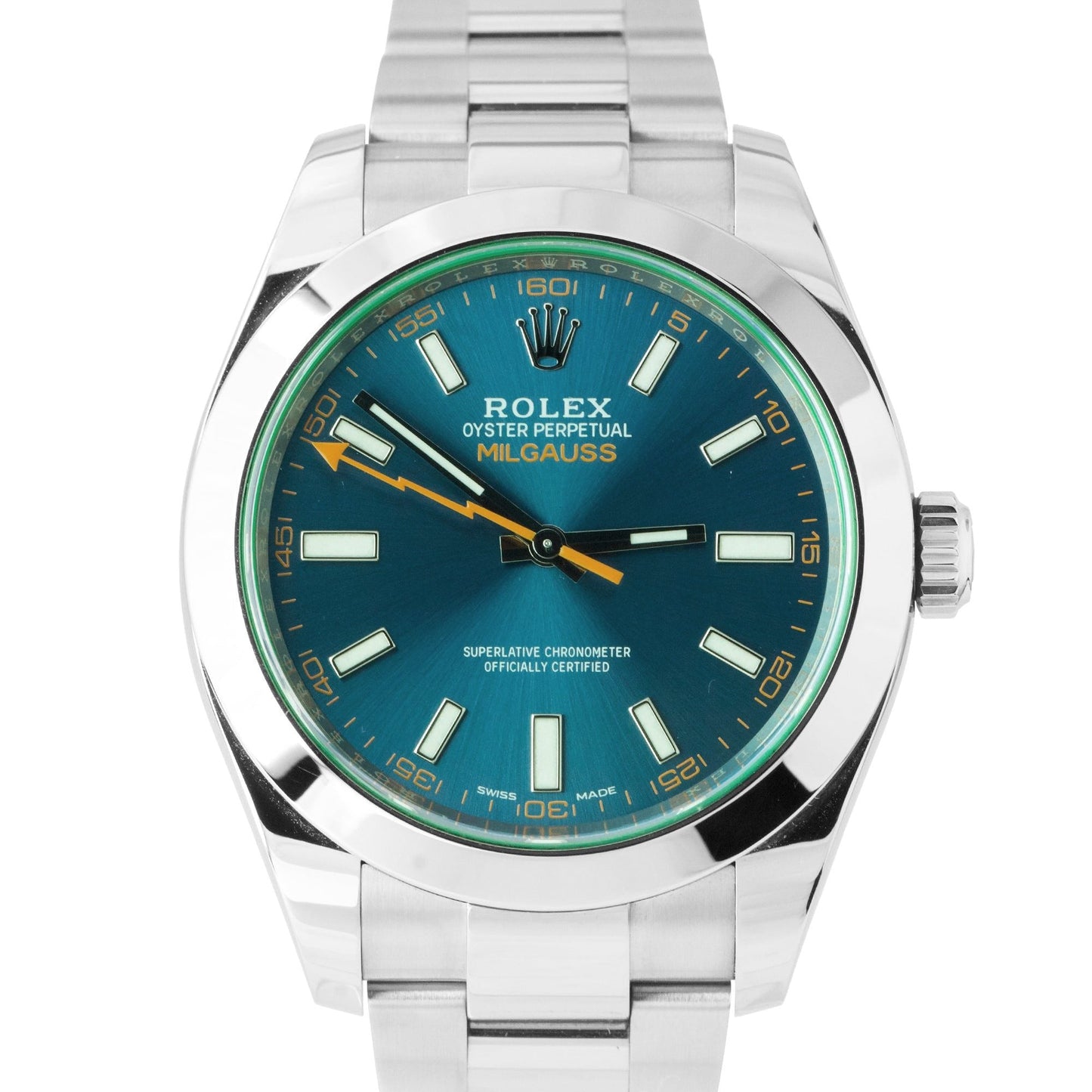2021 CARD Rolex Milgauss Z-Blue Green Anniversary 116400 GV Stainless Watch B+P