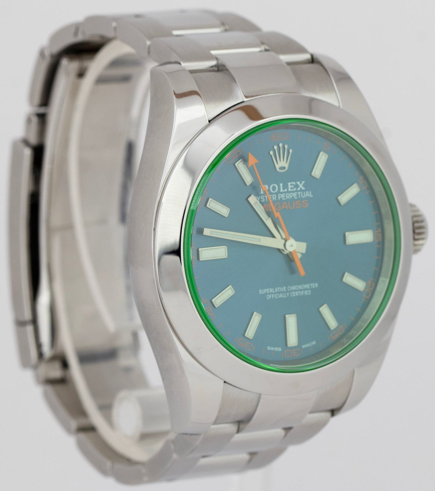 2021 CARD Rolex Milgauss Z-Blue Green Anniversary 116400 GV Stainless Watch B+P