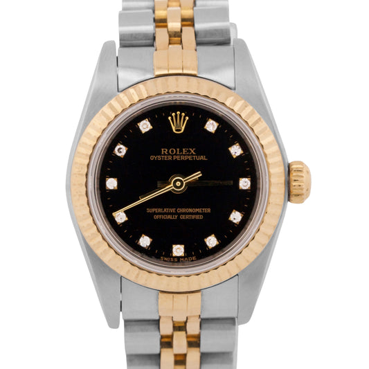 Rolex Oyster Perpetual 24mm BLACK DIAMOND 18K Gold Steel Fluted JUBILEE 76193