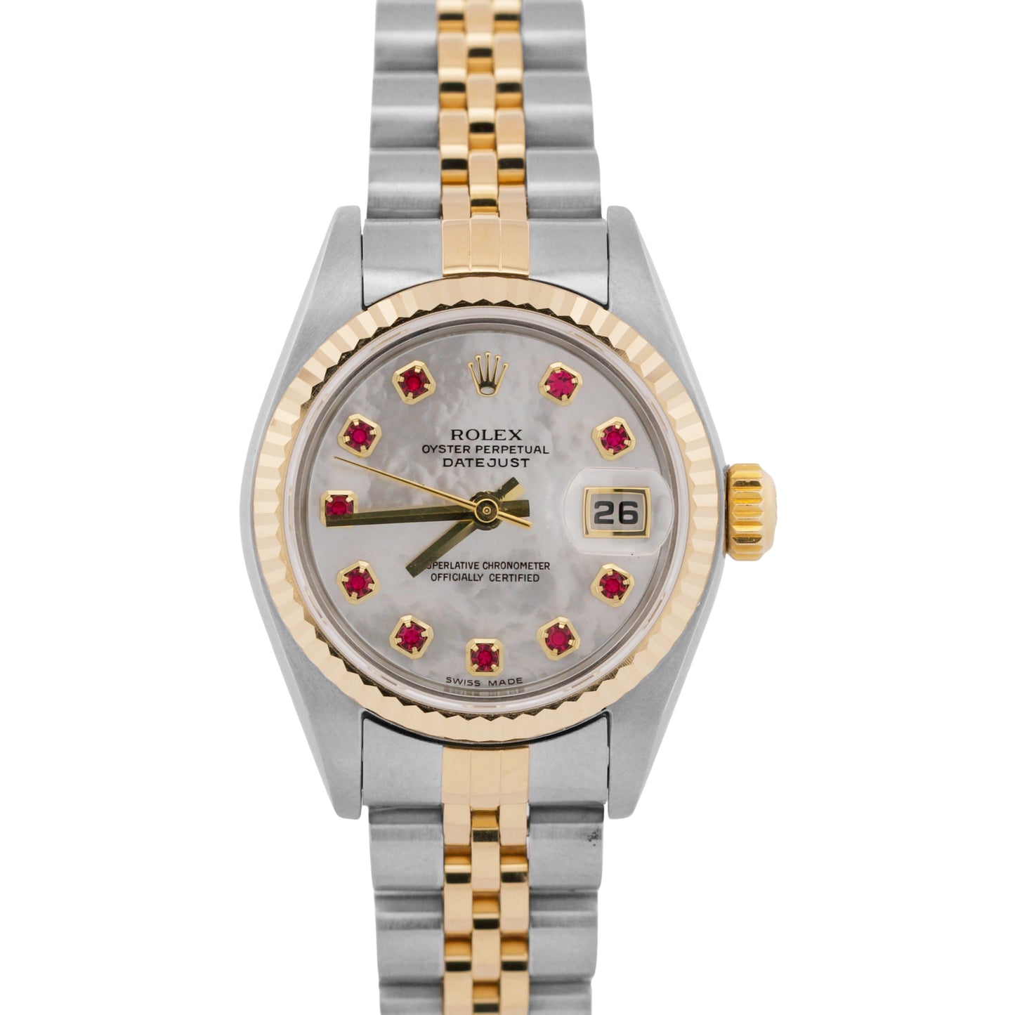 Ladies Rolex DateJust FACTORY MOTHER OF PEARL RUBY 18K 26mm JUBILEE 79173 BOX