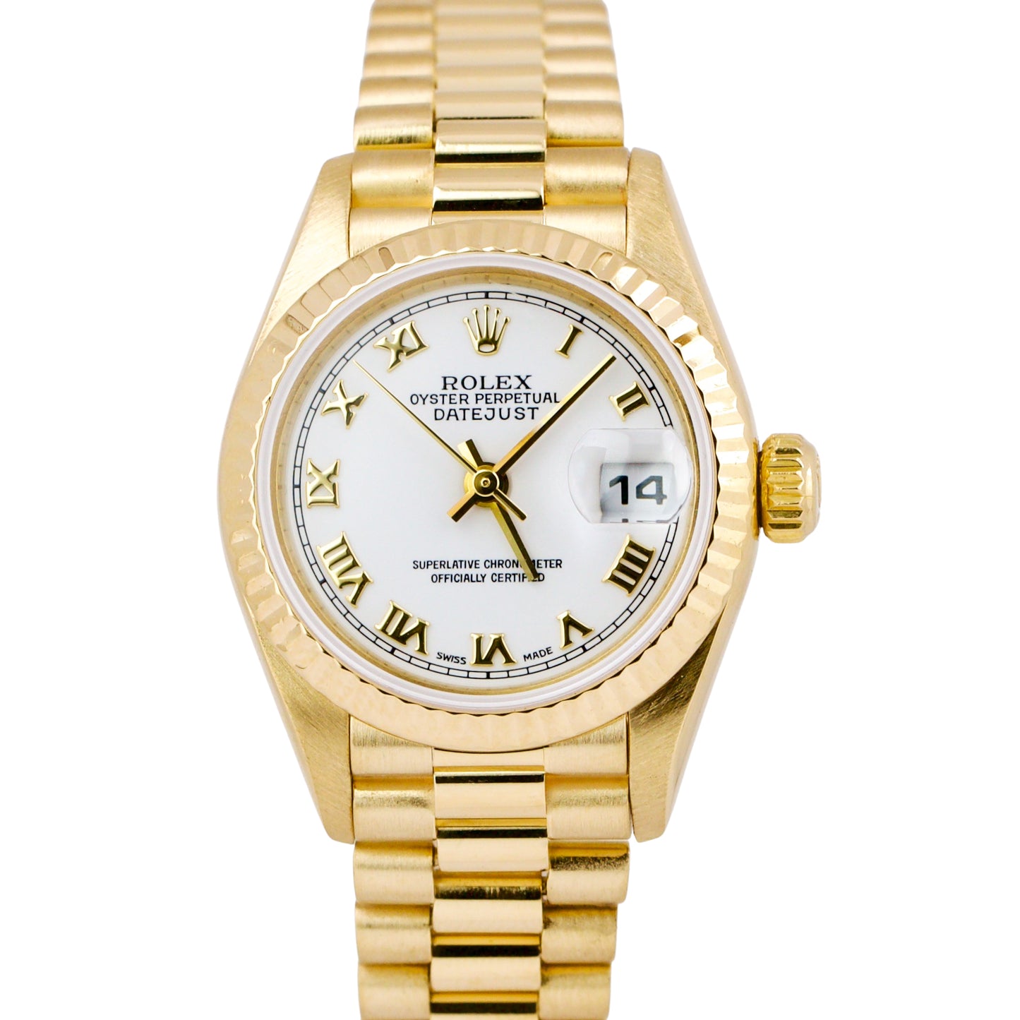 Ladies Rolex DateJust 79178 WHITE ROMAN 26mm 18K Gold President PAPERS Watch B+P