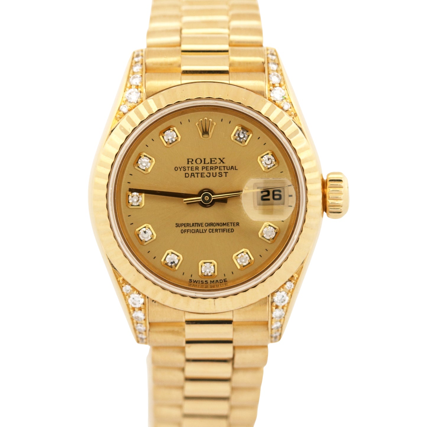 Ladies Rolex DateJust President 26mm FACTORY CHAMPAGNE DIAMOND 18K 79238 BOX