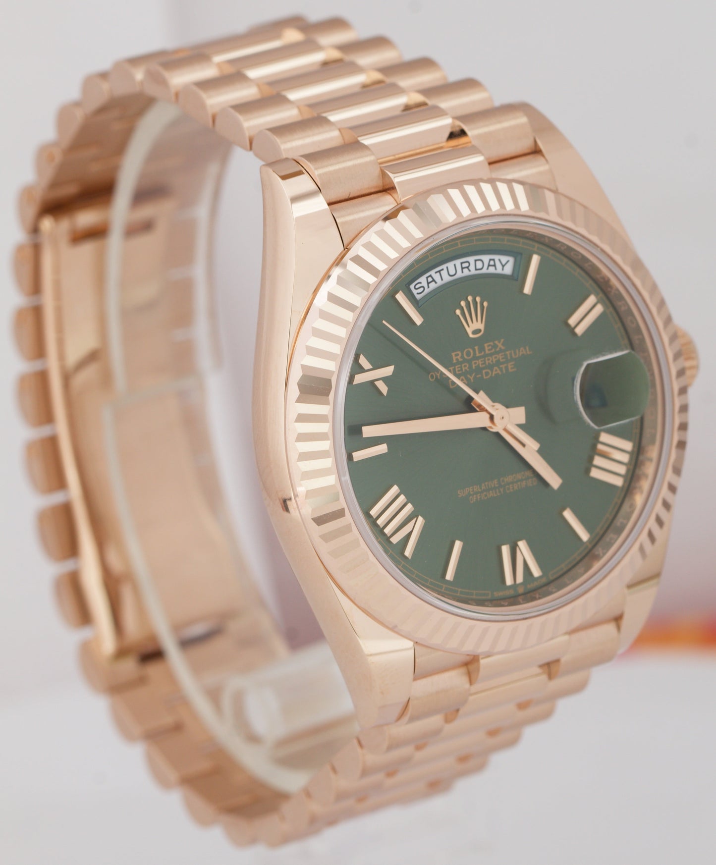 BRAND NEW 2023 Rolex Day-Date 40 Olive Green President 18K Rose Gold 228235 B+P