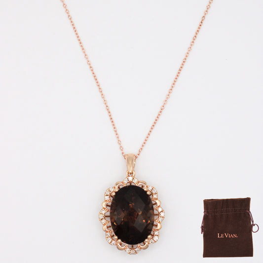 Le Vian Smoky Quartz Brown Oval Pendant - 14k Rose Gold Necklace - 18" w/ Pouch