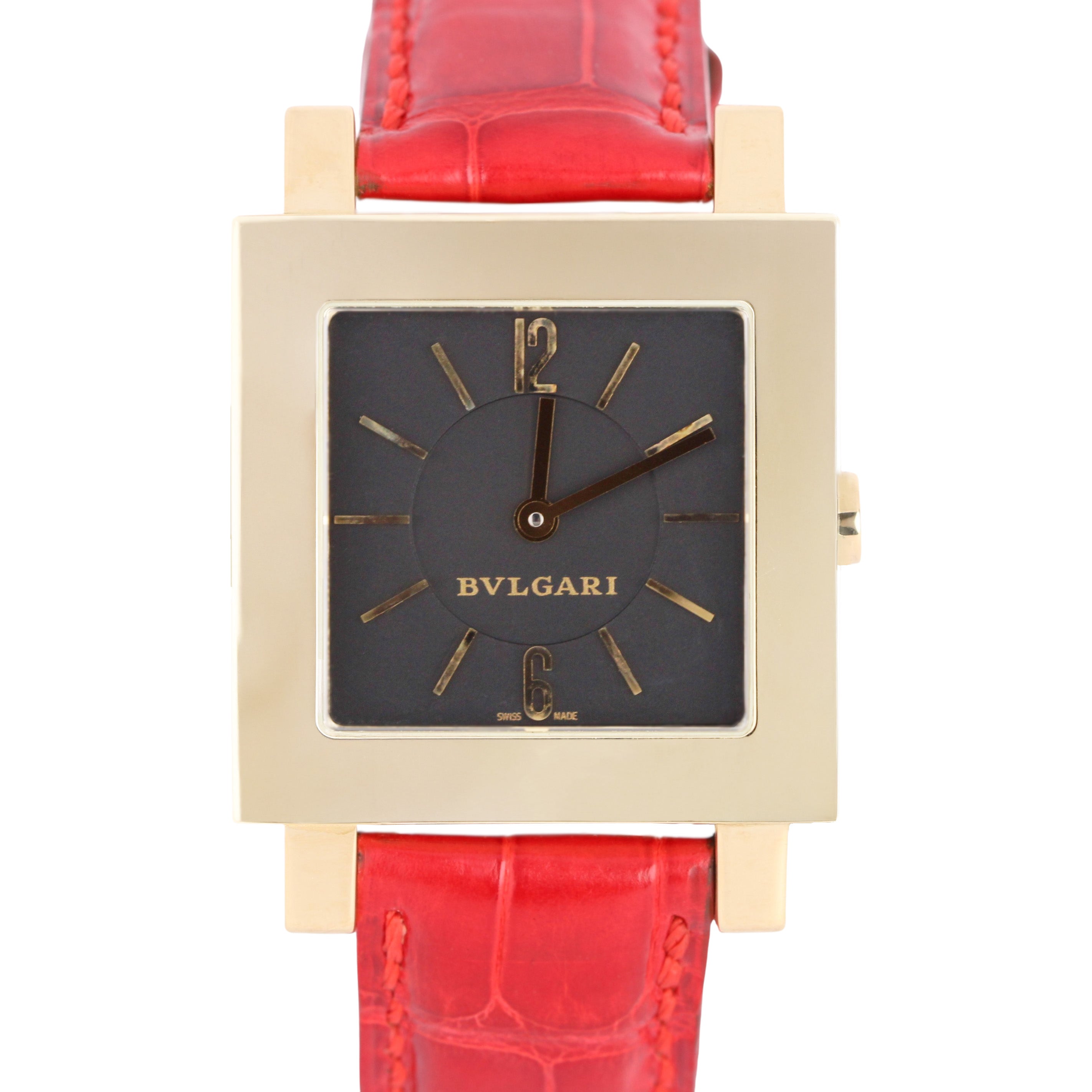 Bvlgari Quadratto 18k Yellow Gold Black 29mm QUARTZ Red Leather SQ 29 bvlgari-quadratto-18k-yellow-gold-black-29mm-quartz-red-leather-sq-29