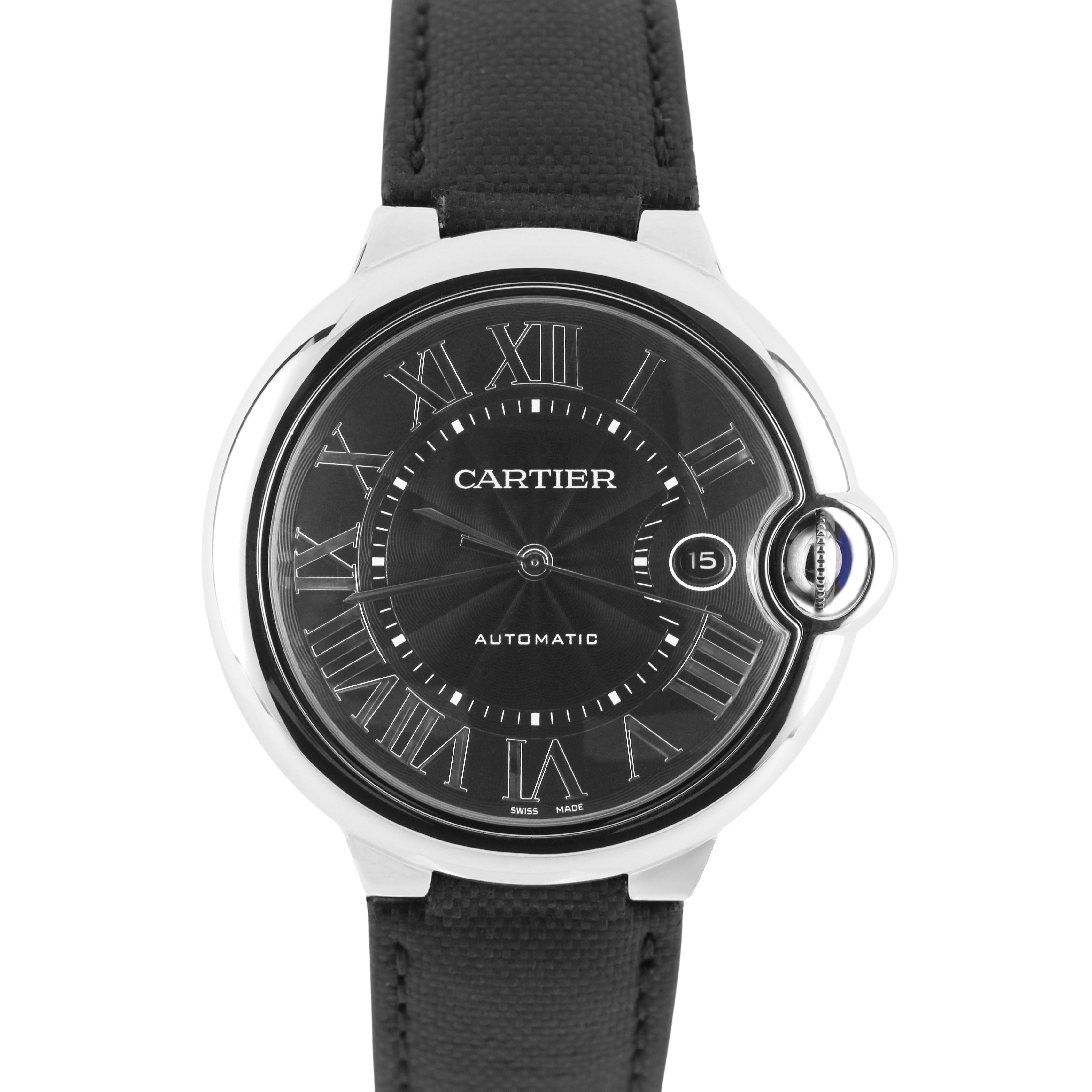 Cartier Ballon Bleu Steel Black Roman Numeral Guilloche 42mm 