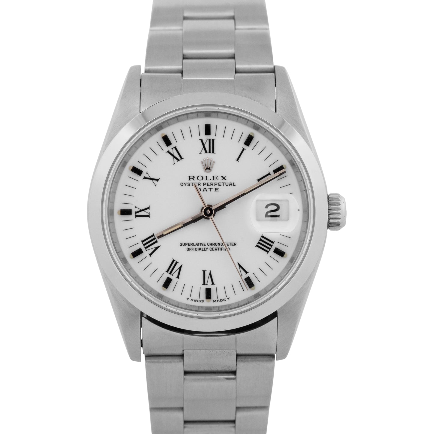 Rolex Oyster Perpetual Date White 34mm Oyster Stainless NO-HOLES Watch 15200