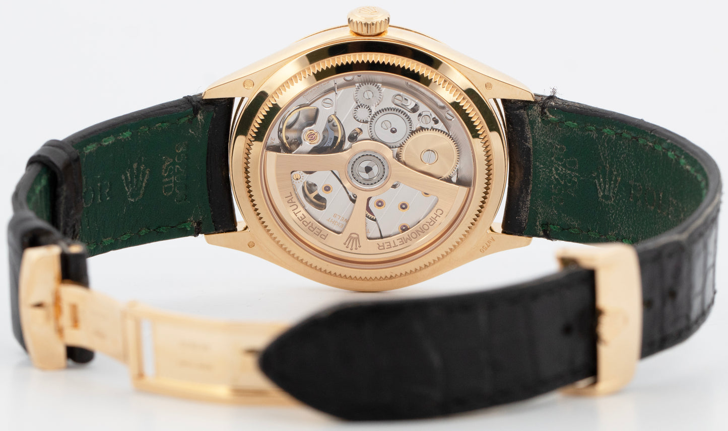 PAPERS Rolex 1908 Black 18K Yellow Gold Leather Strap 39mm 52508 Watch BOX