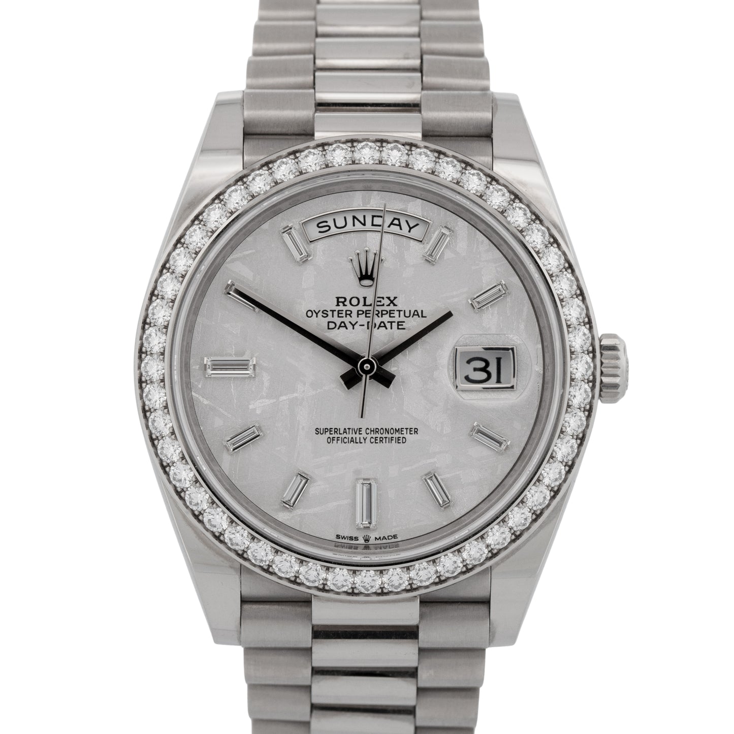 PAPERS Rolex Day-Date 40mm METEORITE BAGUETTE DIAMOND 18K White Gold 228349 RBR