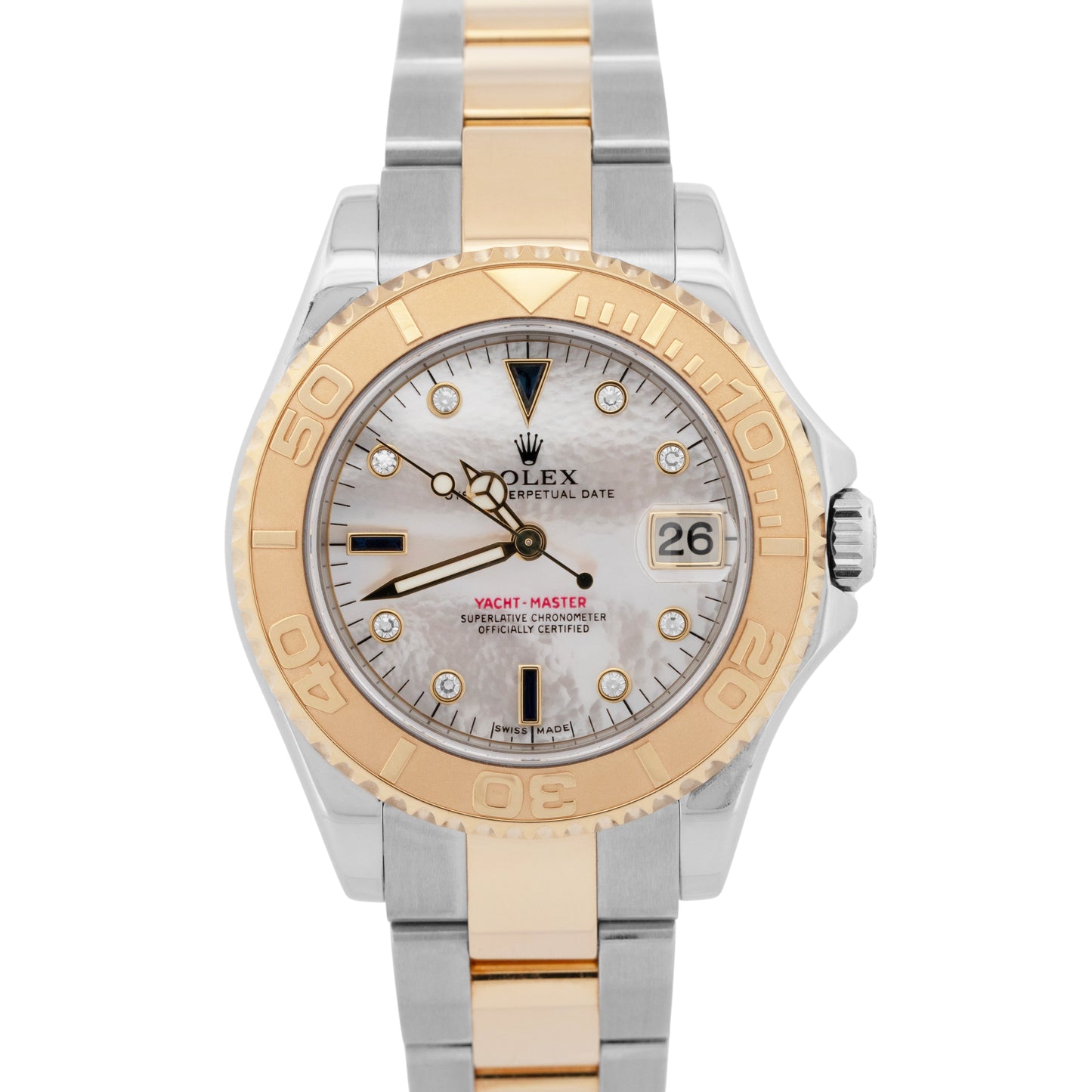 NOS PAPERS Rolex Yacht-Master 35mm MOP SERTI Dial Two-Tone Gold Watch 168623 BOX