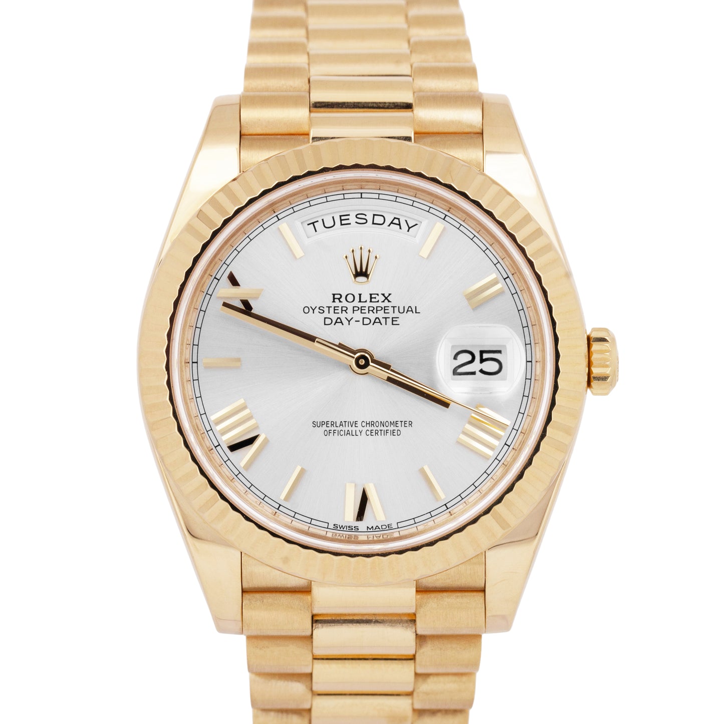 MINT PAPERS Rolex Day-Date President 40mm Silver Roman 18K Gold Watch 228238 BOX