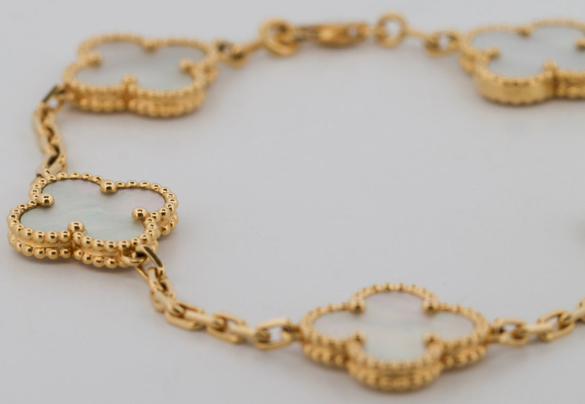 2018 Van Cleef & Arpels Alhambra 5 Motif MOP 18K Yellow Gold Bracelet Box Papers