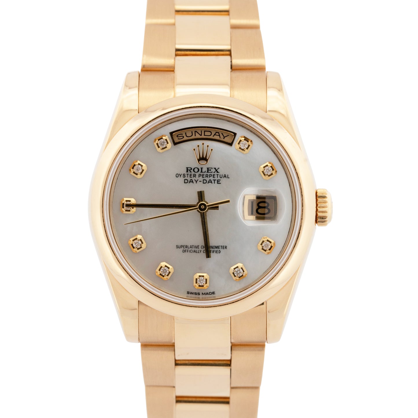Rolex Day-Date Mother of Pearl 18K Yellow Gold OYSTER BRACELET 36mm Watch 118208